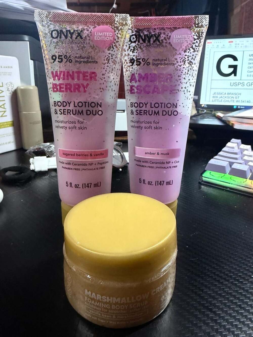 ONYX Professional 3-Piece Body Care Set: Winter Berry & Amber Escape Lotion + Ma